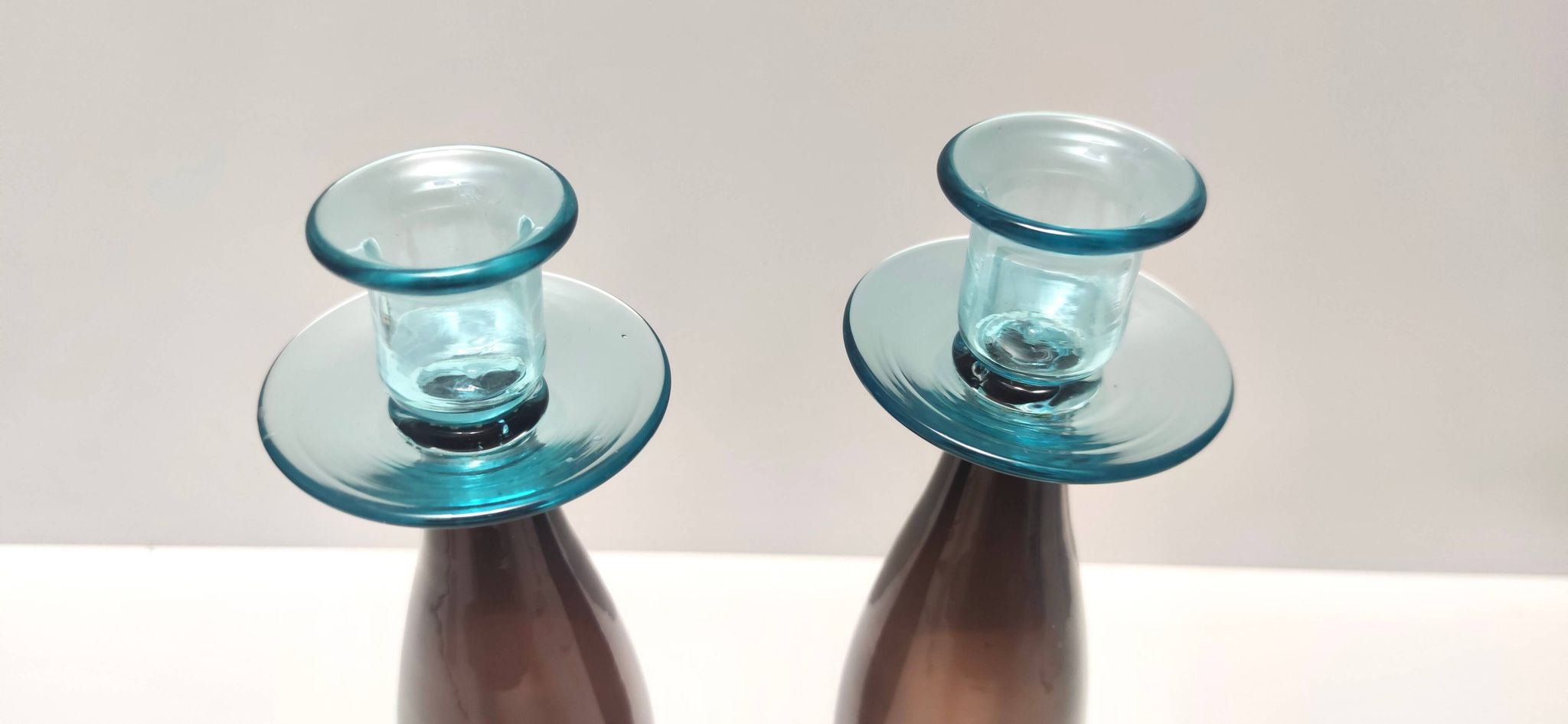 Pair of Brown and Aquamarine Murano Glass Candleholders, Italy