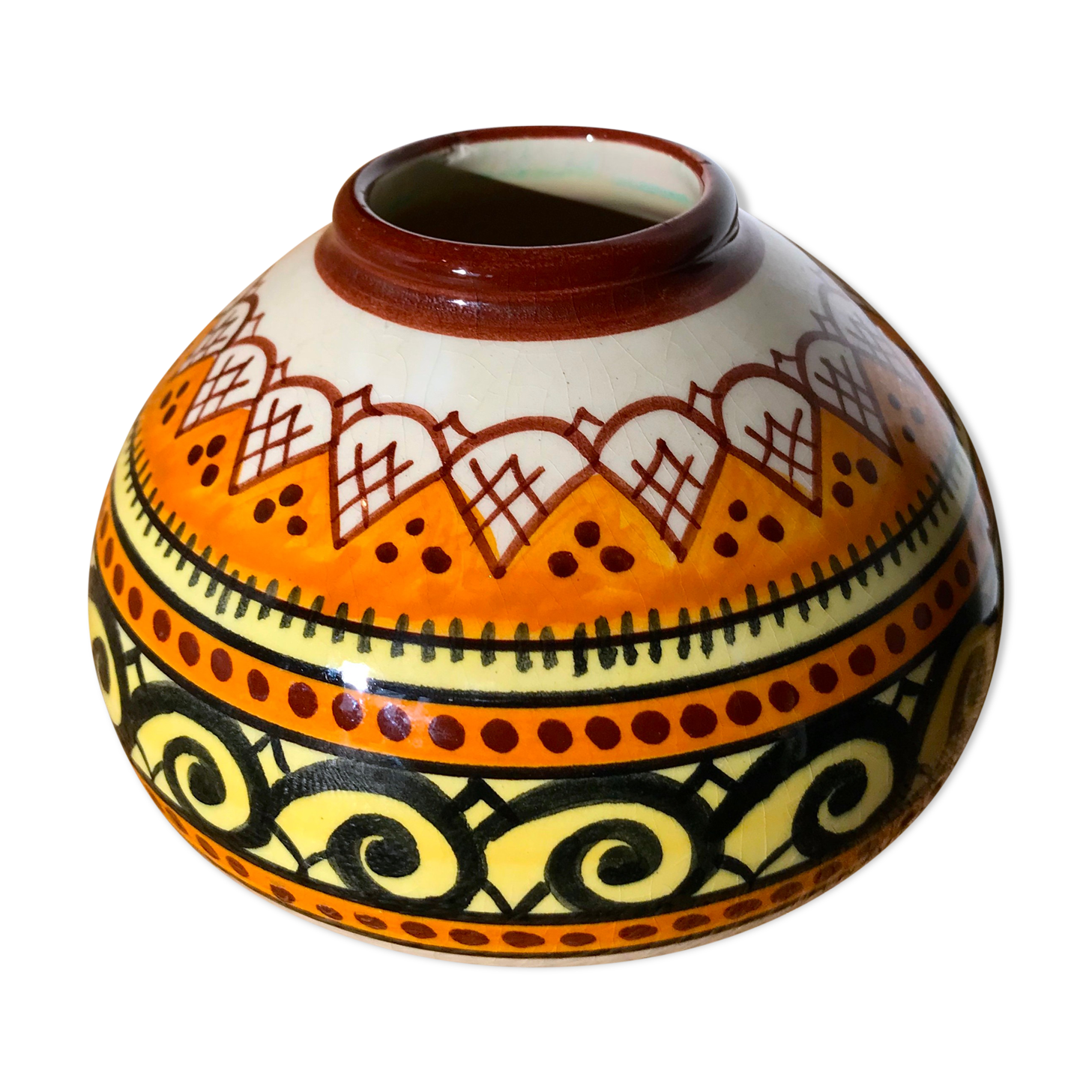 Quimper Henriot spinning top ball vase vintage soliflore art deco 1930 1940 celtic patterns orange black