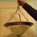 Suspension in gold metal with chains and opaque basin with brown cast designs -60s