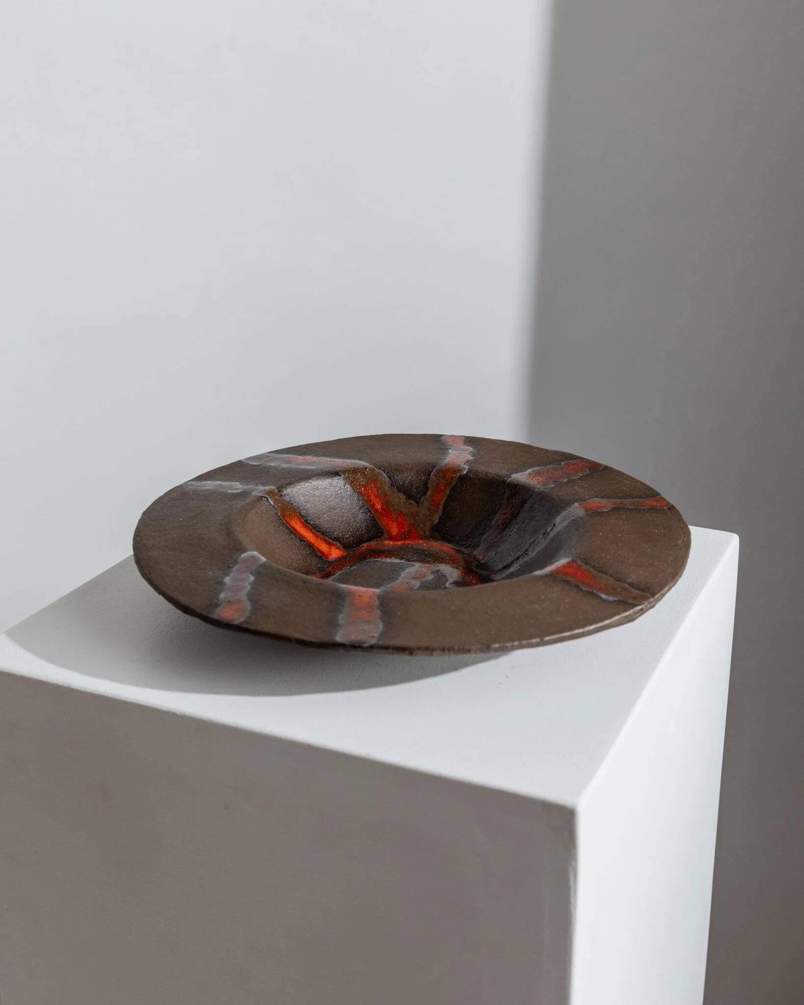 Brown Stoneware Bowl with Red Glaze Streaks, Partially Glazed-Vintage Italian Studio Ceramic, 1970s