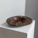 Brown Stoneware Bowl with Red Glaze Streaks, Partially Glazed-Vintage Italian Studio Ceramic, 1970s