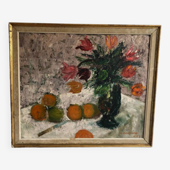 Tableau nature morte fleurs et oranges