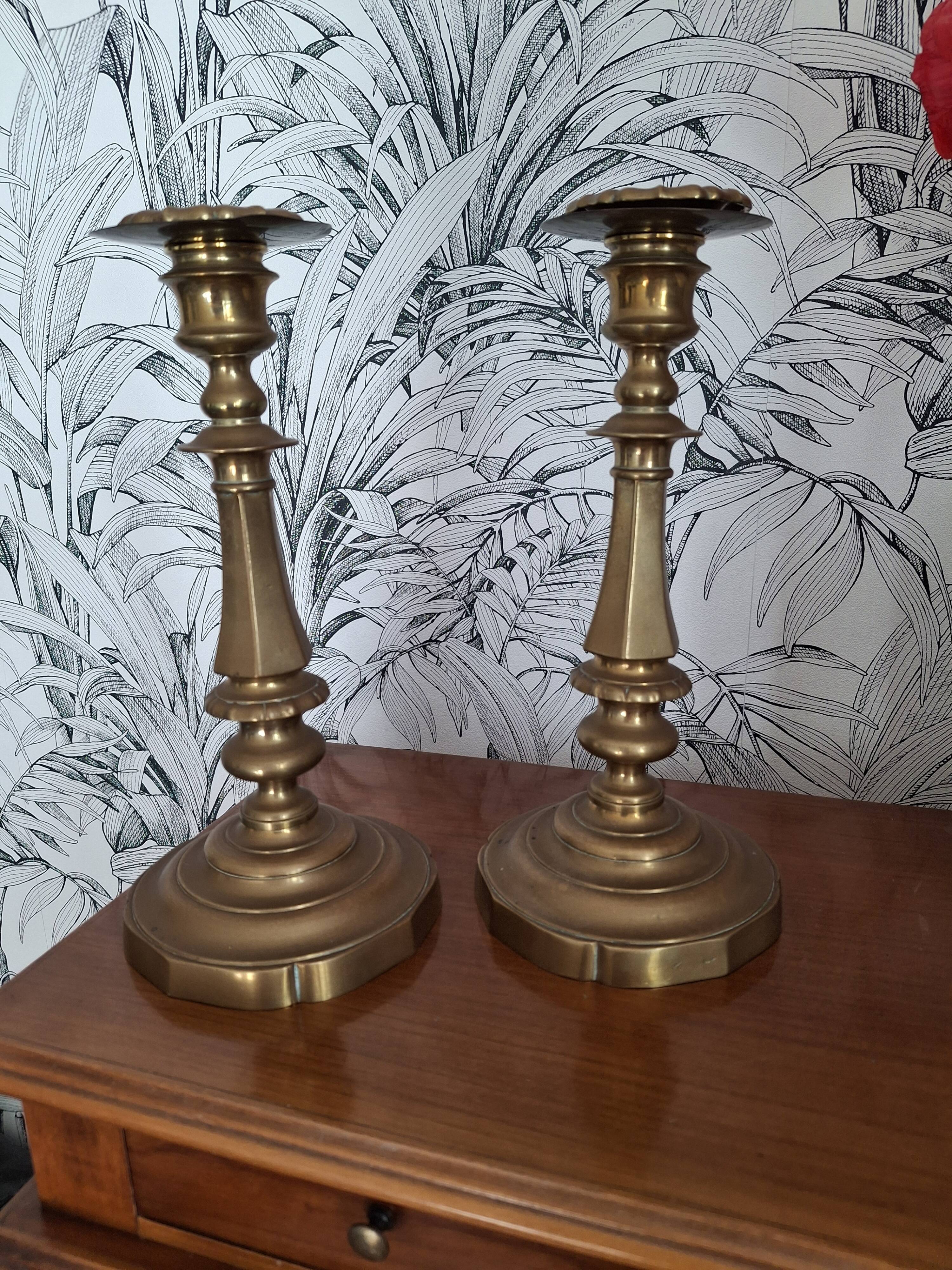 Pair of large candlesticks in gilded brass, 19th century