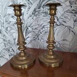Pair of large candlesticks in gilded brass, 19th century