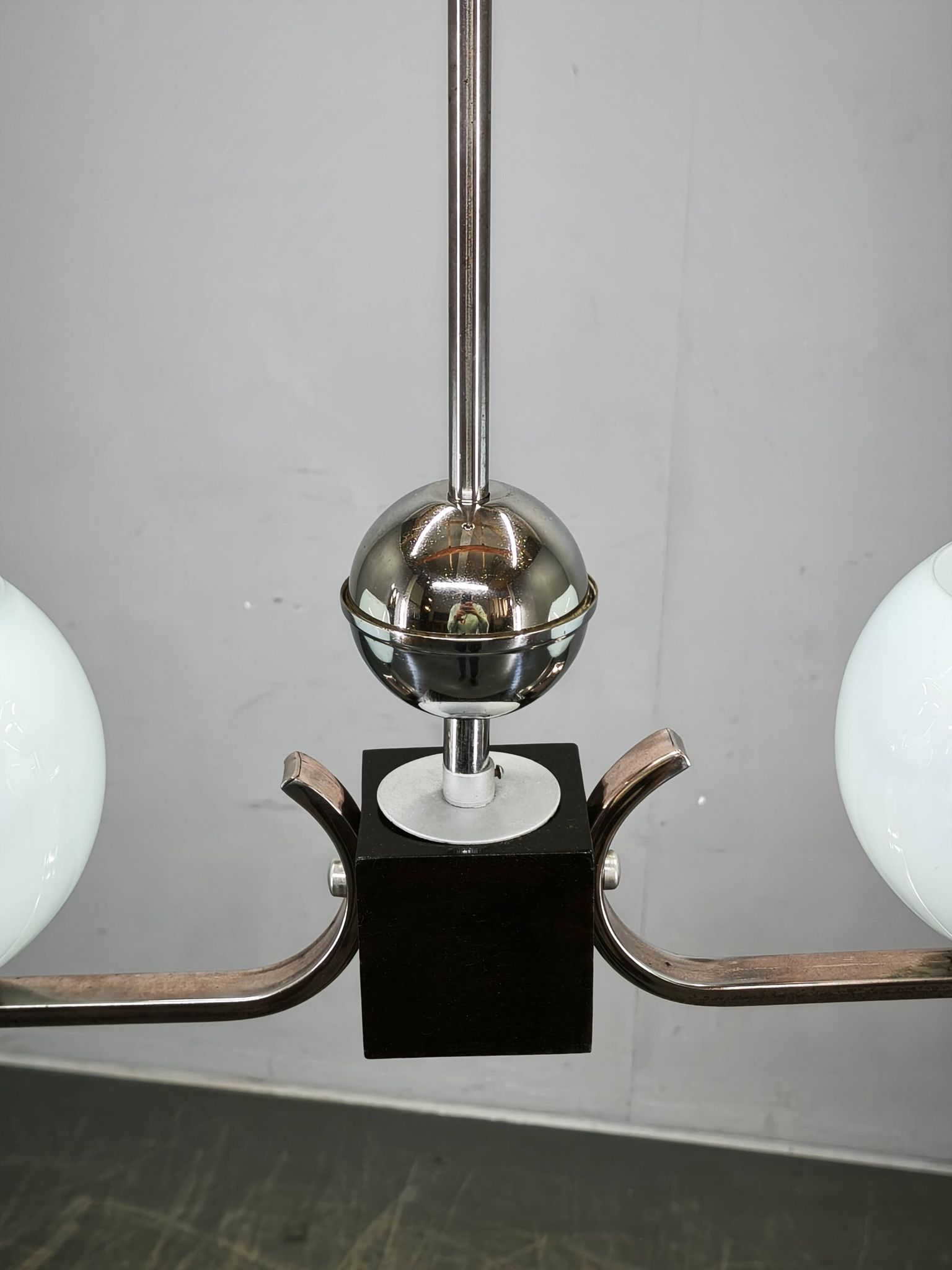Art Deco Chrome and Opaline Glass Chandelier, Czechoslovakia, 1930s