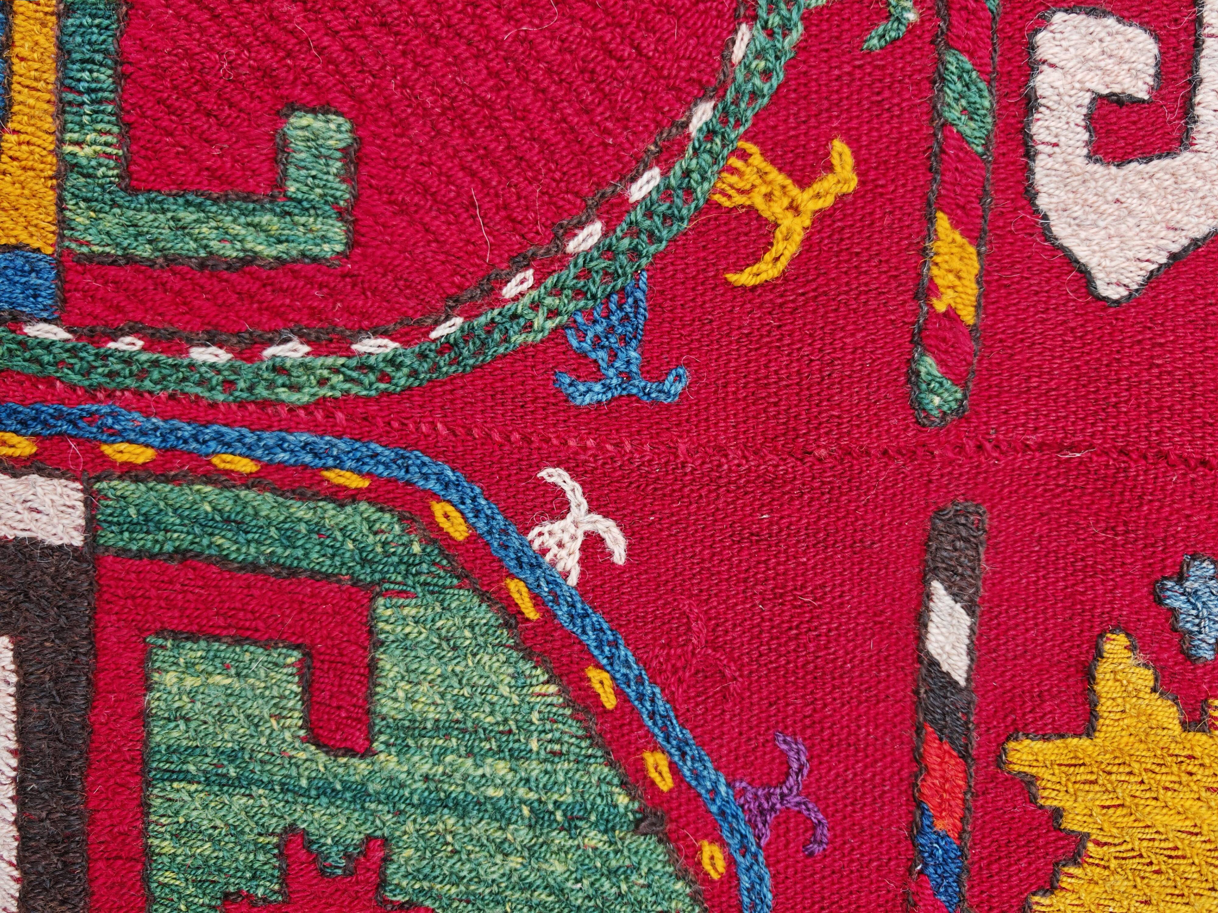 Ancient Uzbek Carpet Mixed Technique Flat Woven, Early 20th Century