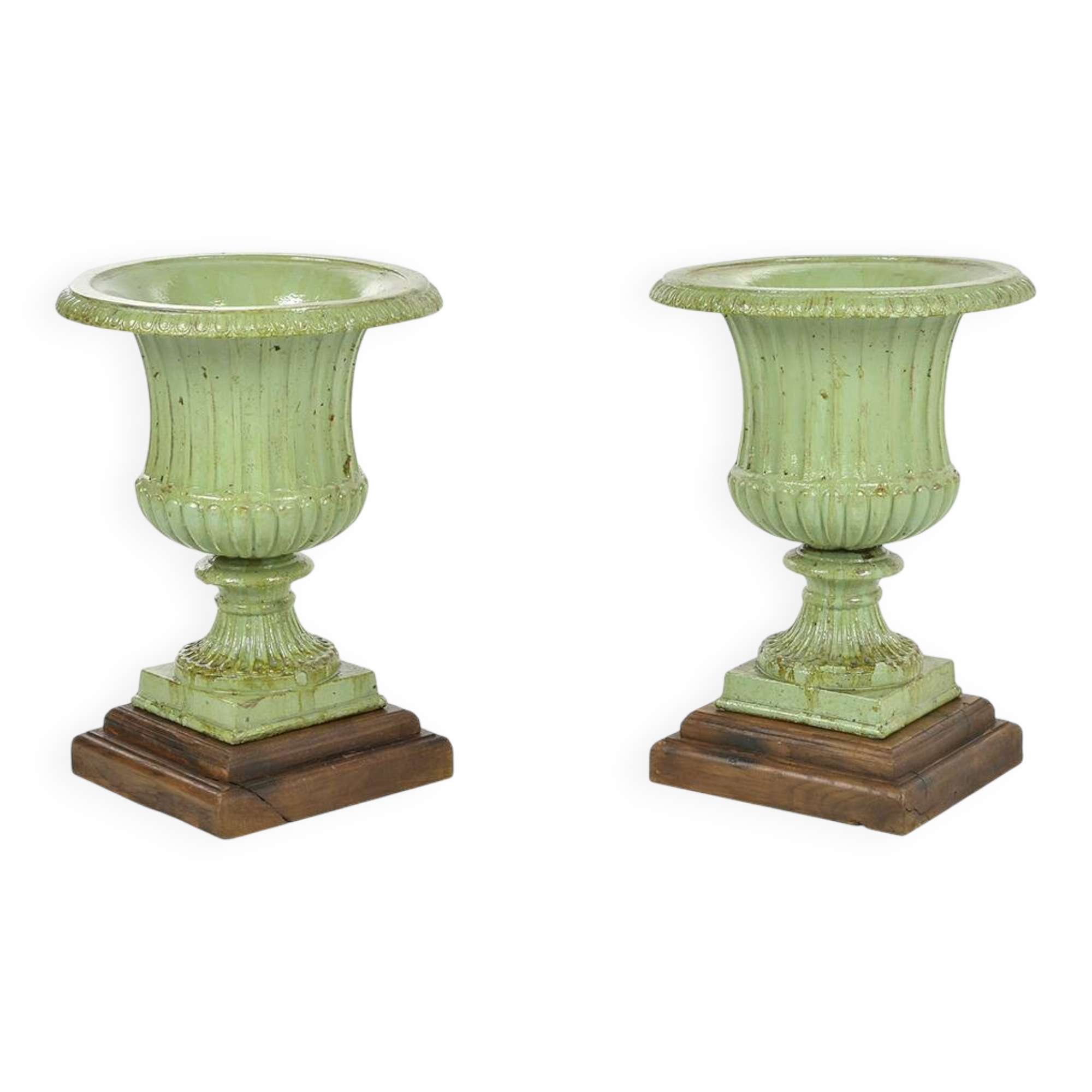 Pair of Medici cast iron vases with green patina