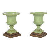 Pair of Medici cast iron vases with green patina