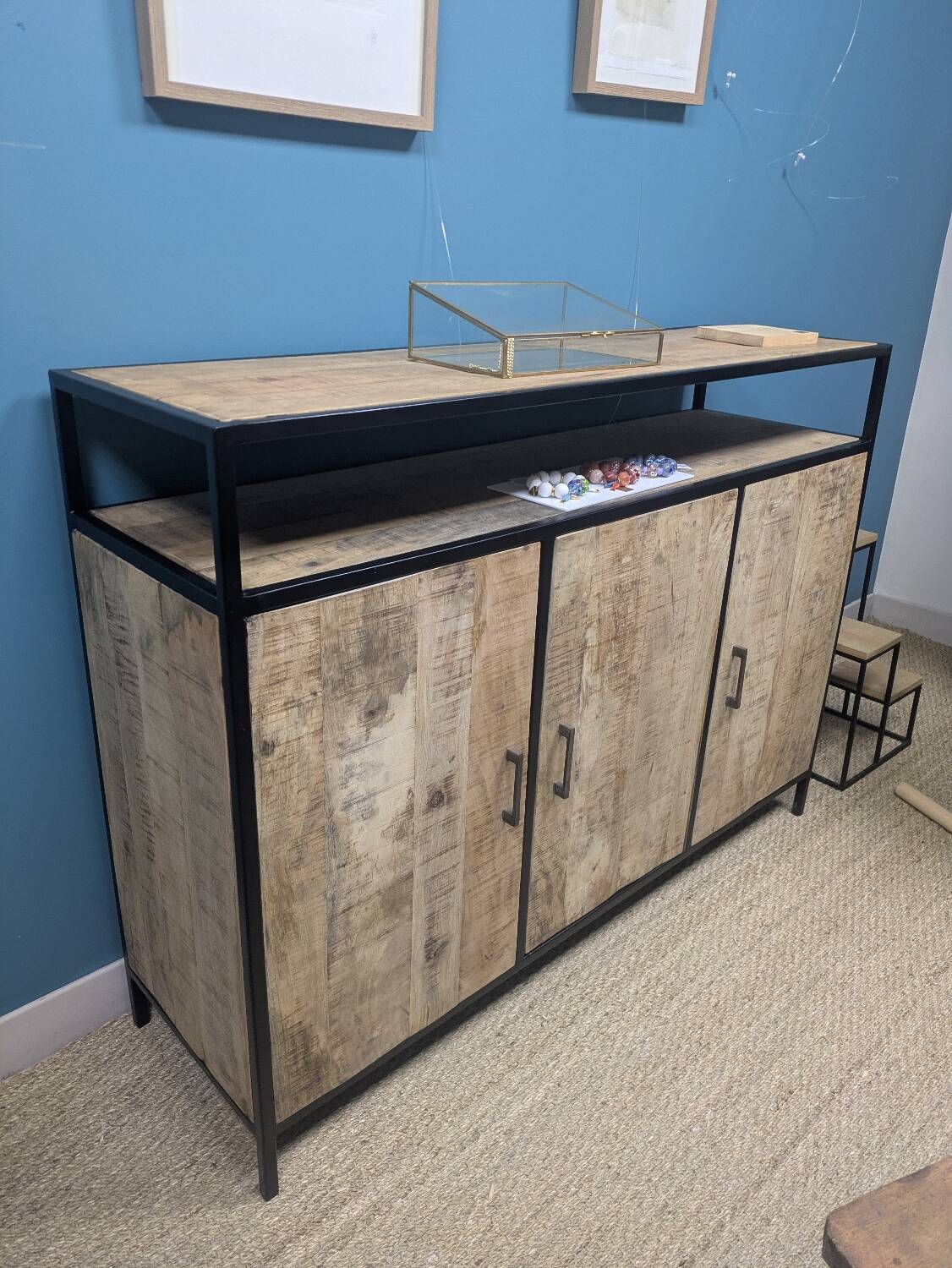 Industrial-style buffet made of solid mango wood.