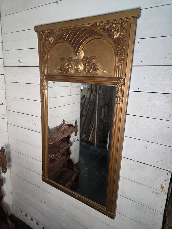 Miroir Art Déco doré années 1930 , miroir biseauté ,131cm de H