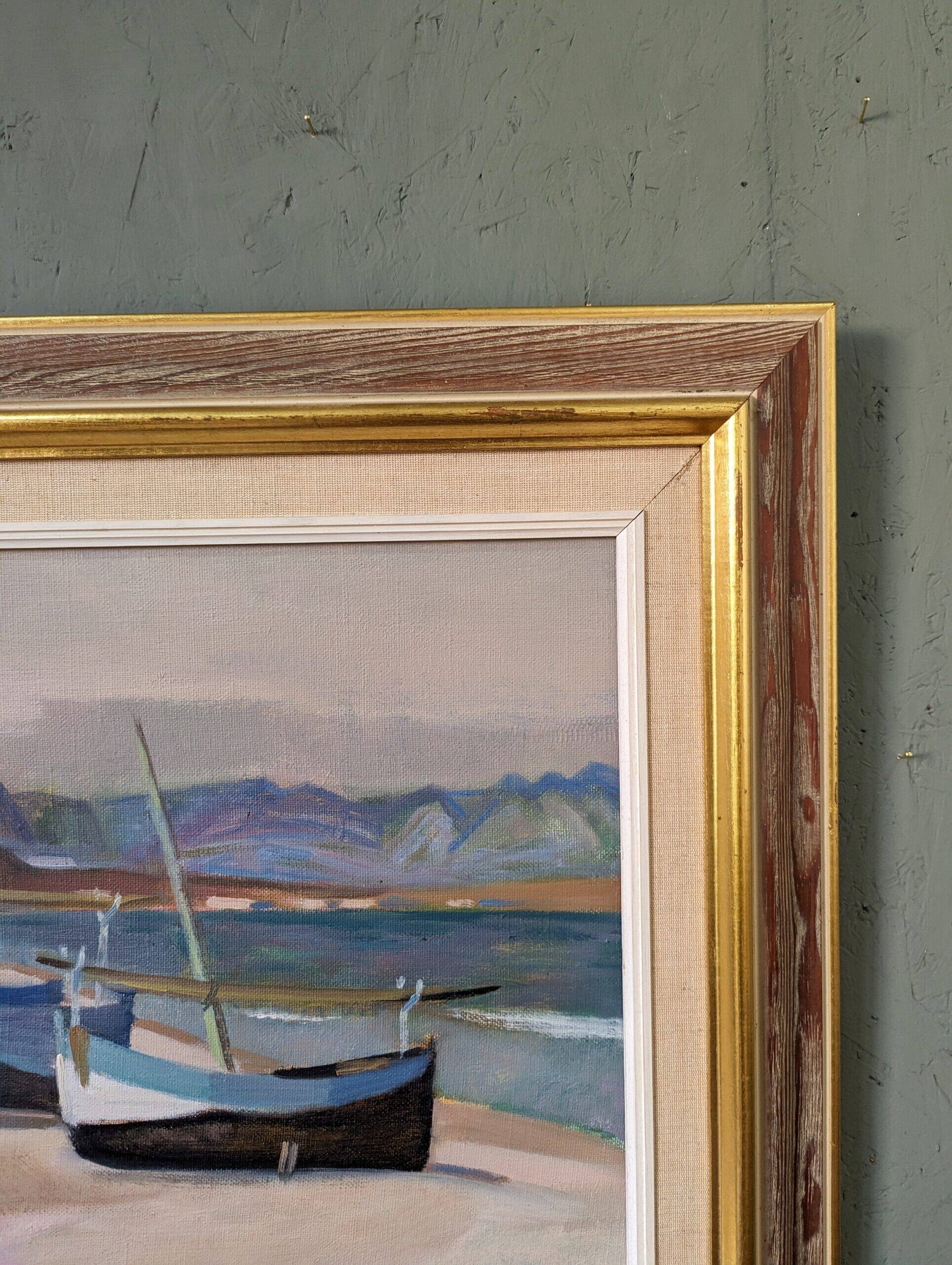 Mid-Century Modern Swedish "Calm Shore" Vintage Coastal Oil Painting, Framed