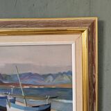 Mid-Century Modern Swedish "Calm Shore" Vintage Coastal Oil Painting, Framed