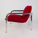 Paire de fauteuils italiens en métal chromé et tissu rouge, 1970