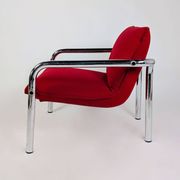 Pair of Italian armchairs in chromed metal and red fabric, 1970