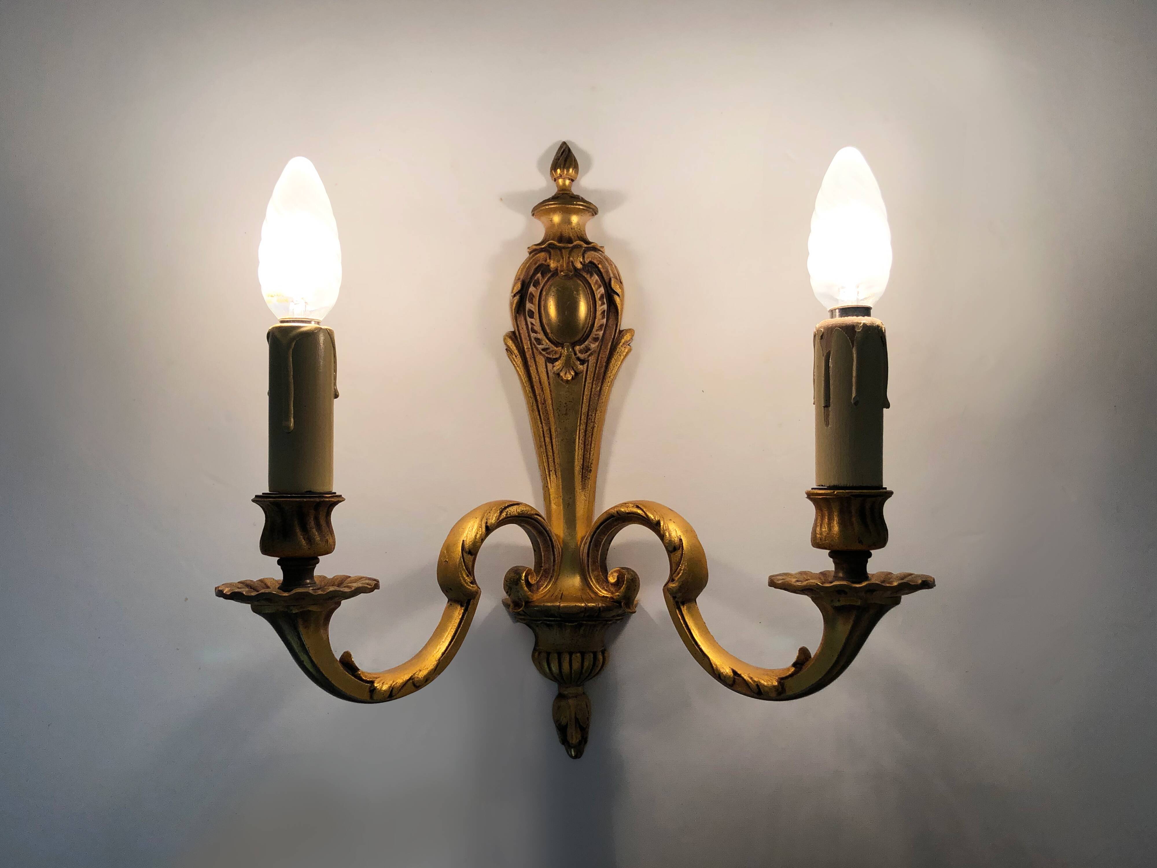 Old large pair of bronze wall sconces with 2 candles. Year 60 70