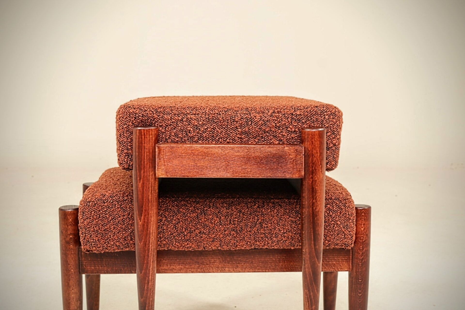 Set of two vintage-style footstools, bouclé cinnamon color