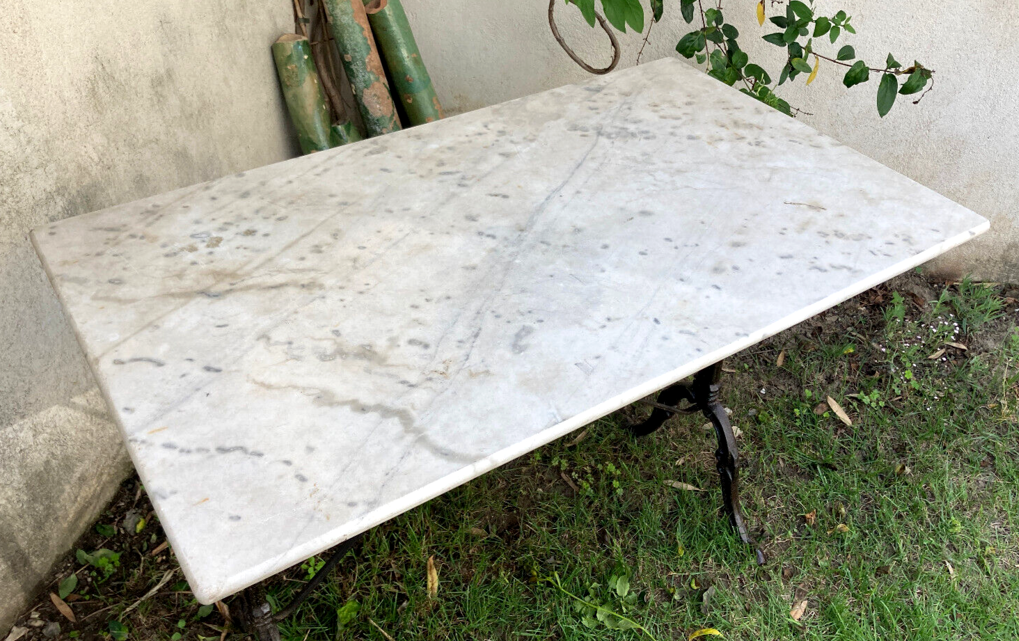 Garden table cast iron legs rectangular marble top