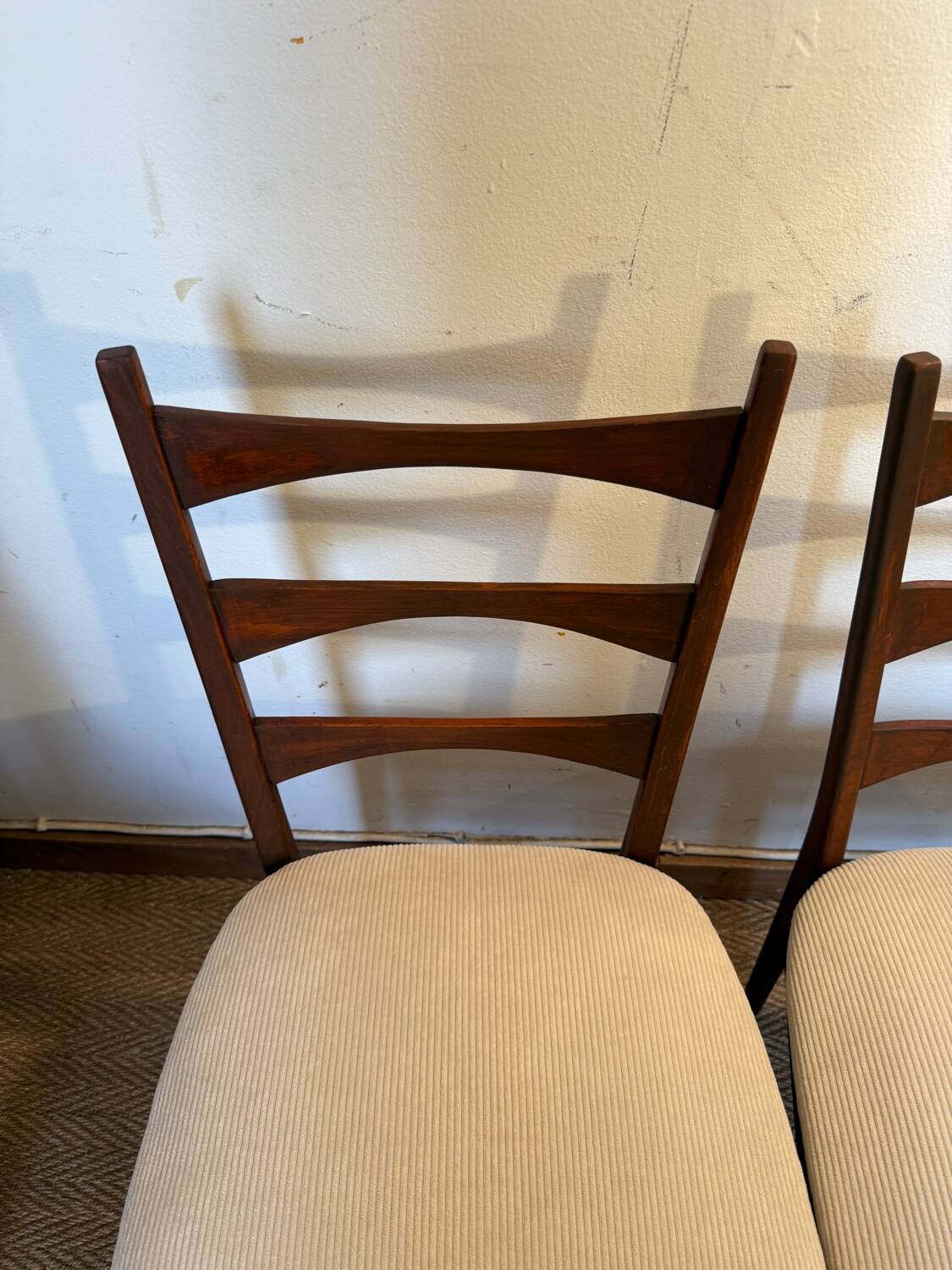 Pair of vintage wood and corduroy chairs