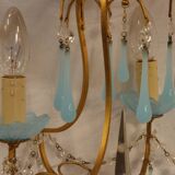 Lustre à pampilles bleues en verre et opaline XXe siècle