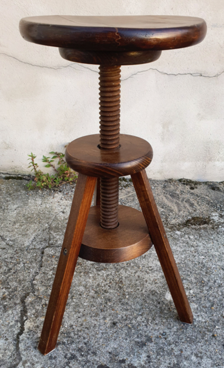 Tabouret en bois vintage, à vis, monte et descend