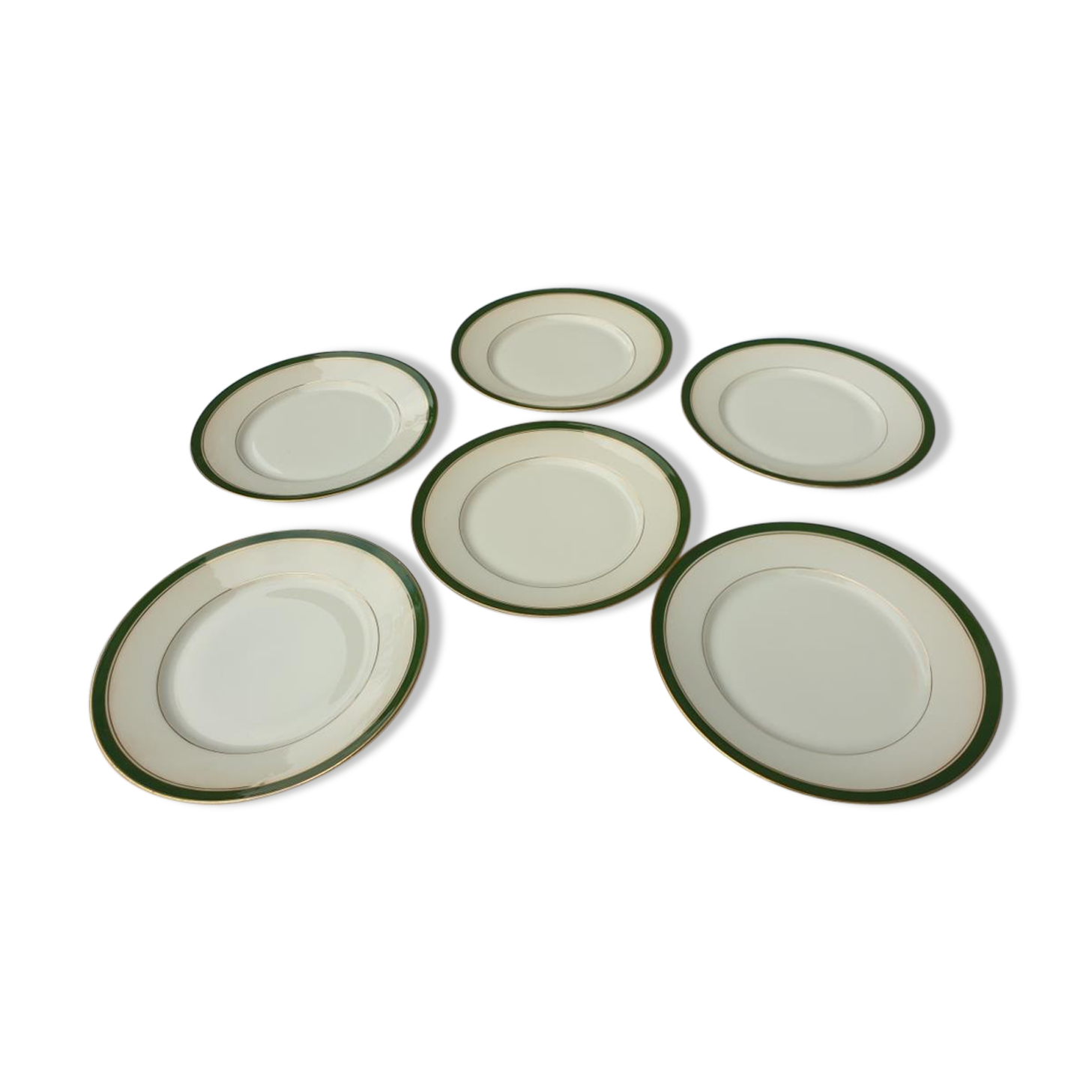 Set 6 porcelain plates Aux Lions de Faïence 1920 imperial green and gold