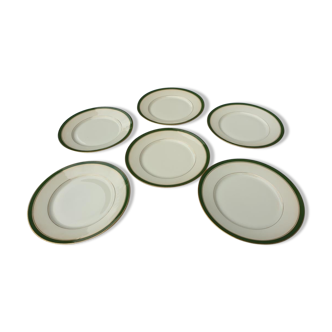 Set 6 porcelain plates Aux Lions de Faïence 1920 imperial green and gold