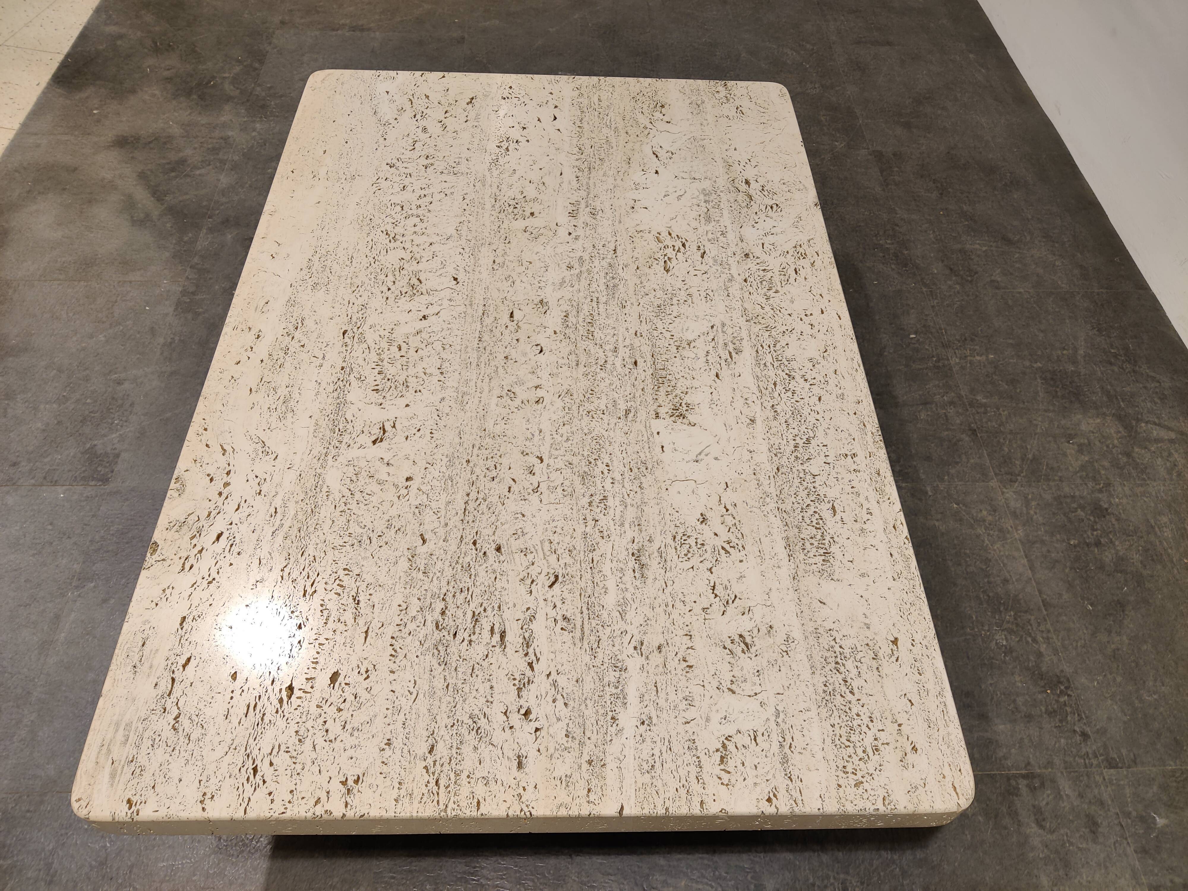 Vintage travertine and wooden coffee table, 1970s