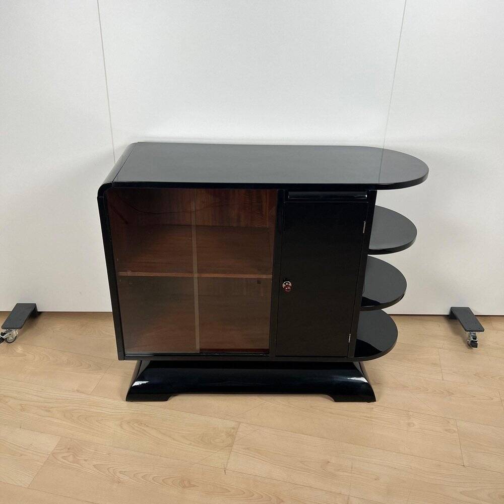 French Art Deco Half Cabinet in Black Lacquer and Mahogany, 1930