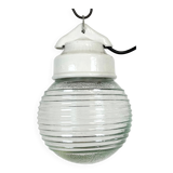 Vintage White Porcelain Pendant Light with Ribbed Glass, 1970s