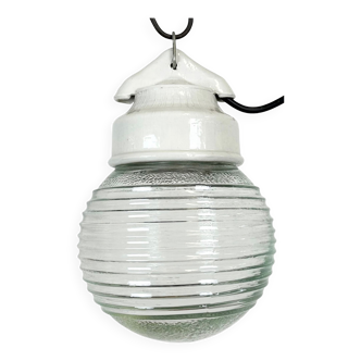 Vintage White Porcelain Pendant Light with Ribbed Glass, 1970s