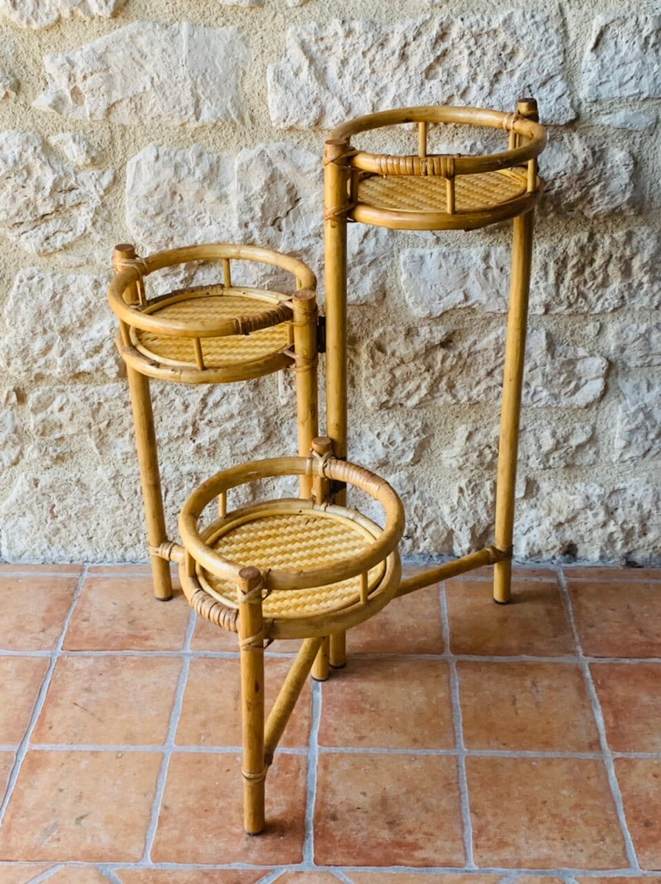 Vintage folding plant holder in bamboo and rattan, circa 1970's