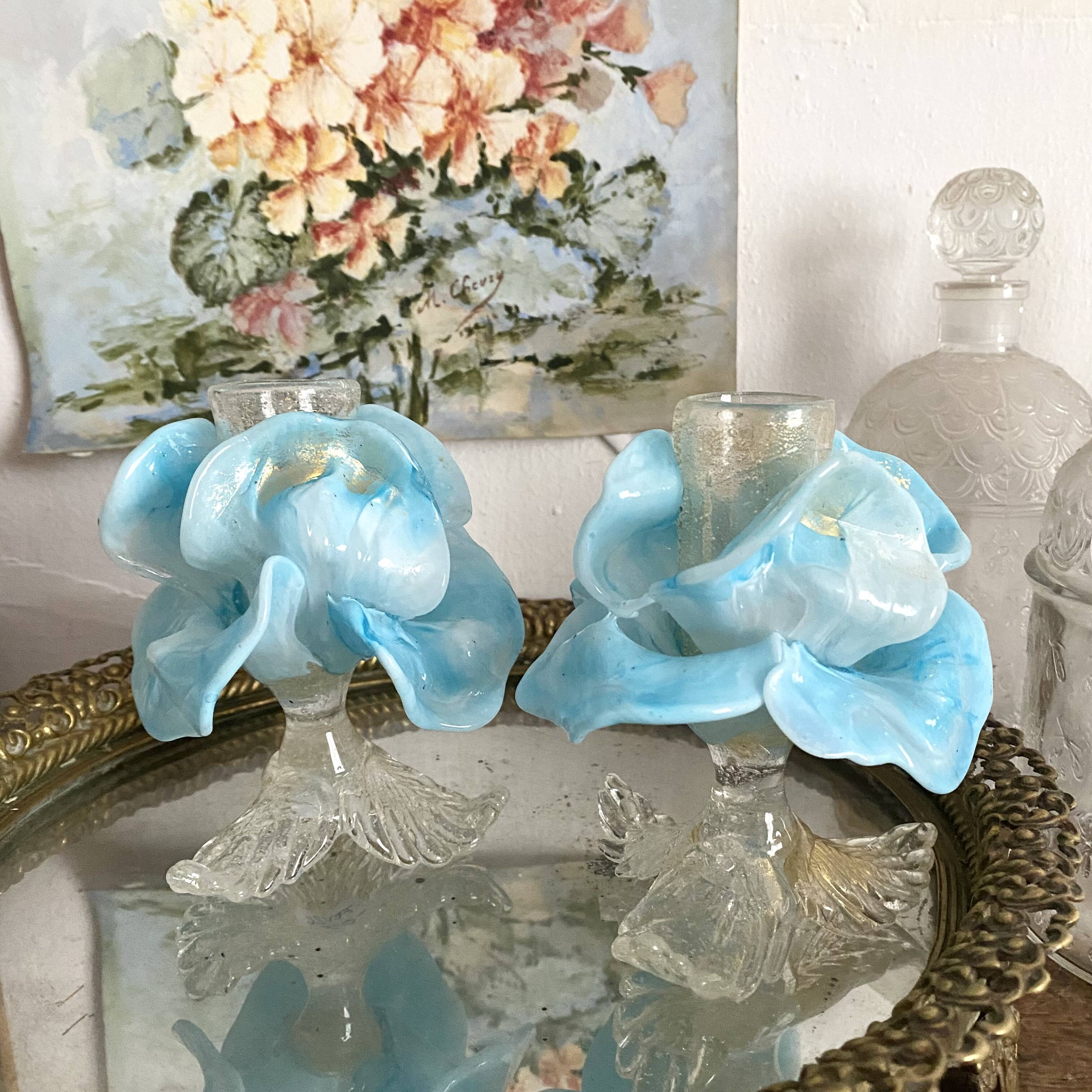 Pair of Murano glass candlesticks, iris flowers, 1960s