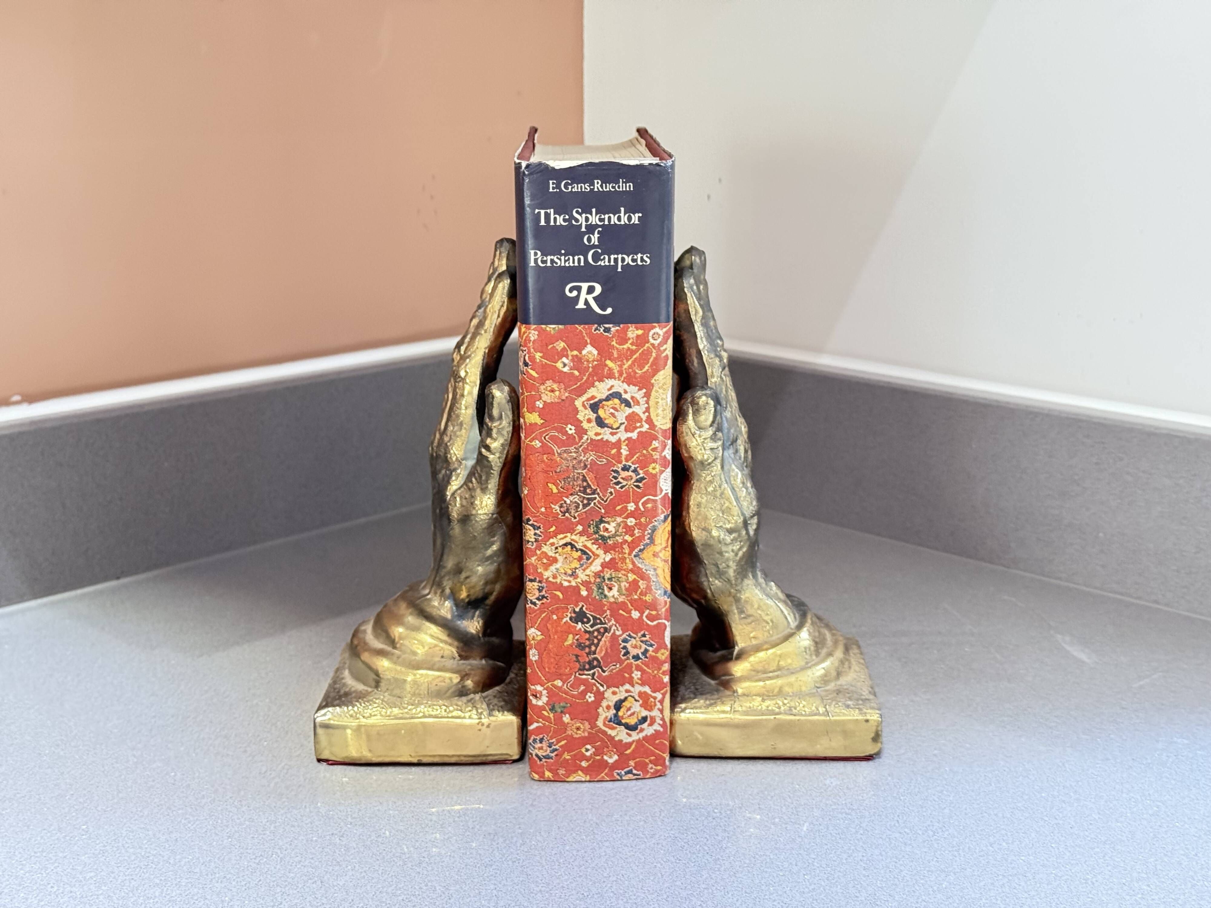 Vintage Gold-Tone Bookend Praying Hands Decorative Bronze Sculptural Book Holder