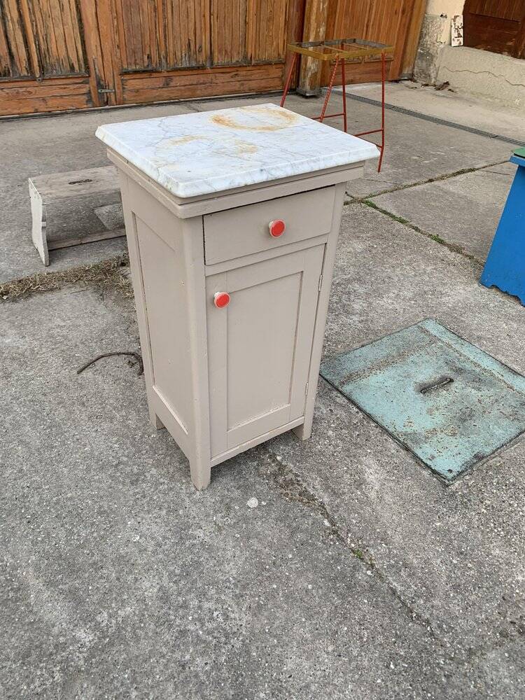 Vintage grey wooden bedside table with marble top - Germany 1950s