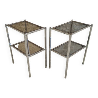 Pair of bedside tables / pedestal tables / end tables / side tables in smoked glass and chrome. 1970