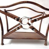 1950s metal magazine rack with imitation leather and bamboo