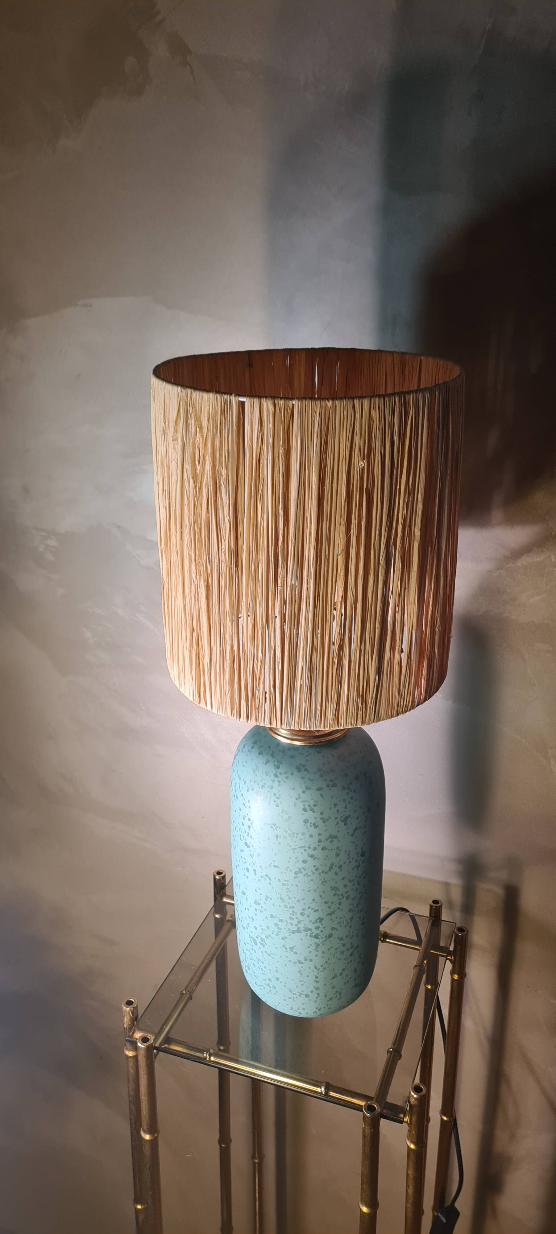 70s style lamp blue green ceramic 40x13 and raffia lampshade H total 57x23 elec ok