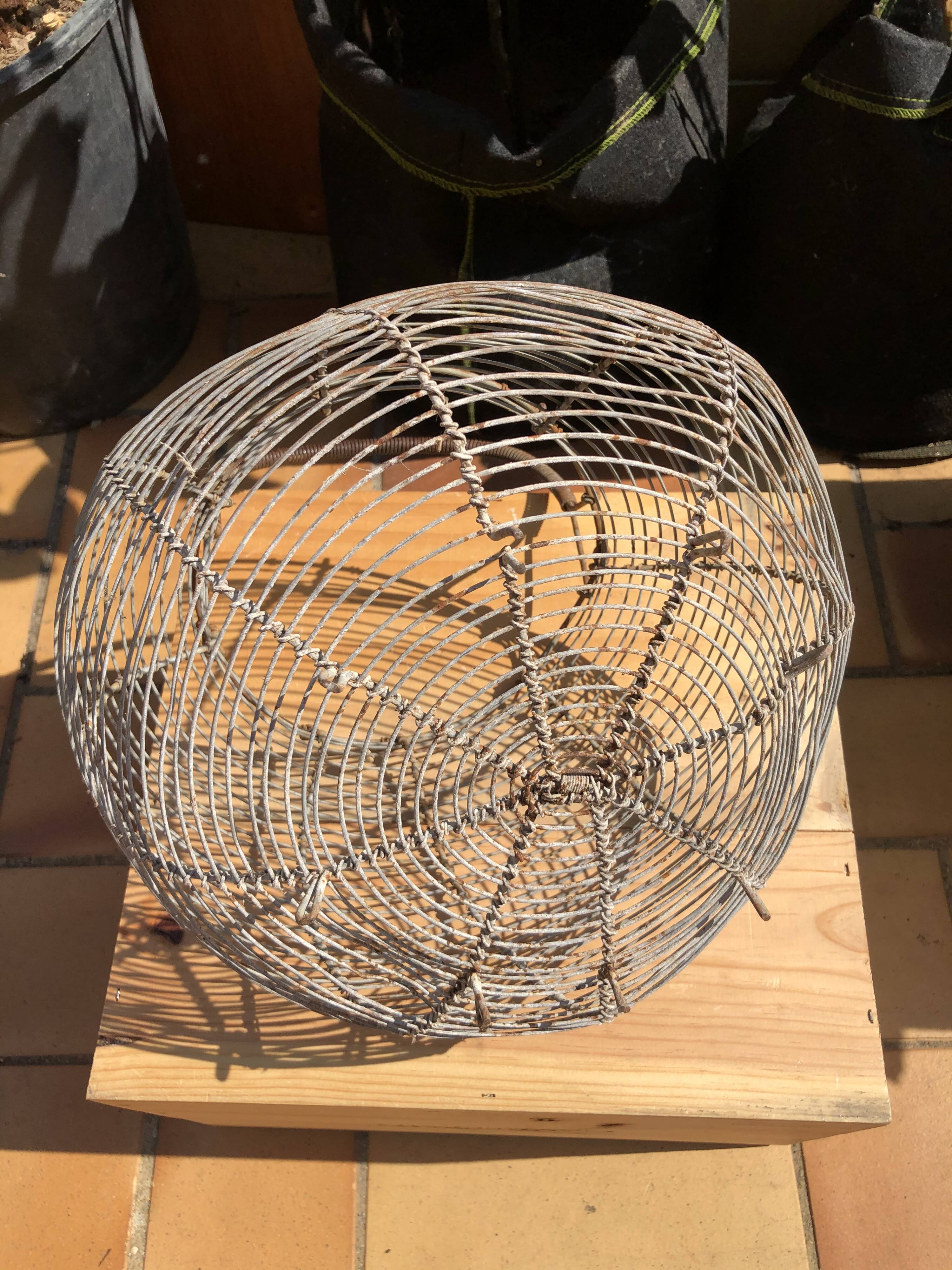 Old egg basket in metal shape round metal handle