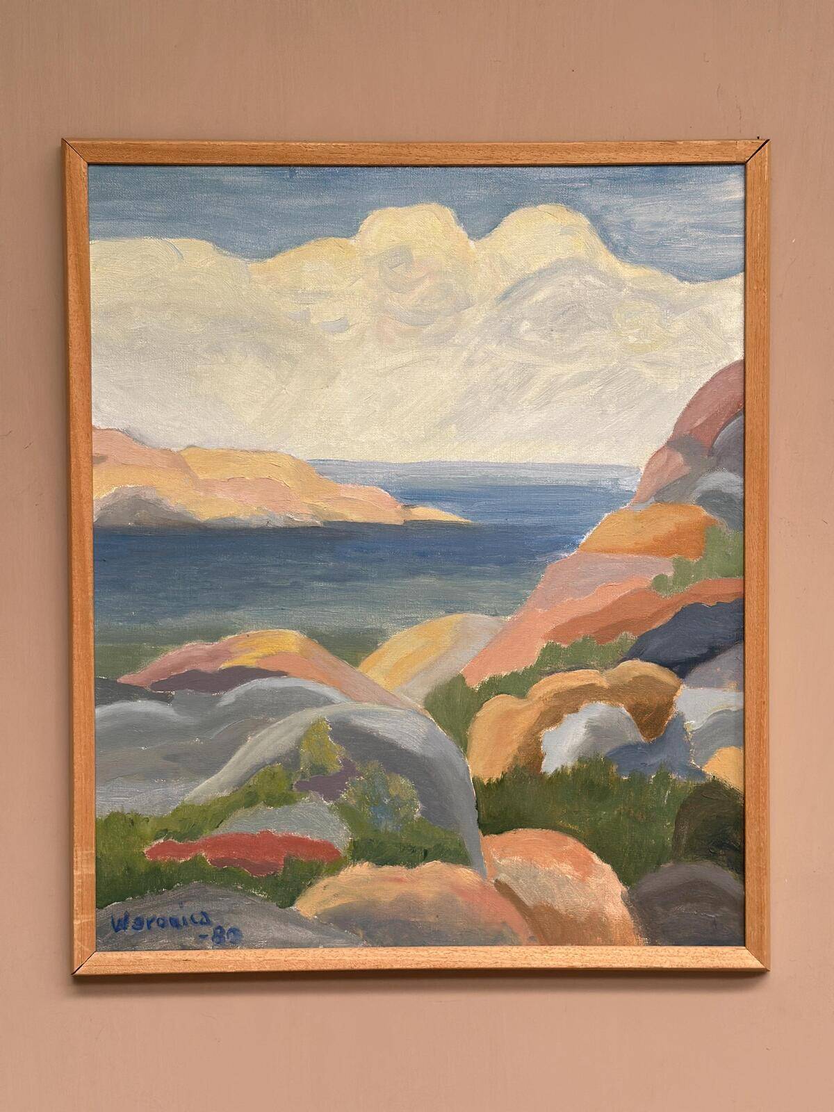 Original Swedish Oil on Canvas – “Coast” by Weronica – Dated 1980 – Vintage