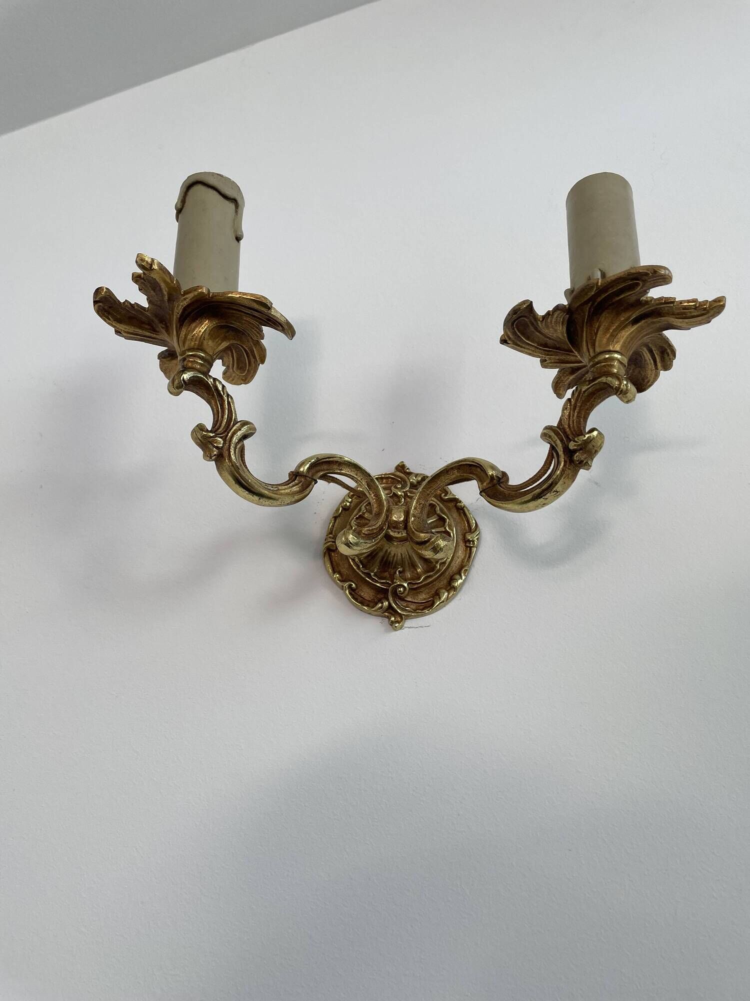 Pair of antique wall lamps in gilded metal - two lights - early XXth