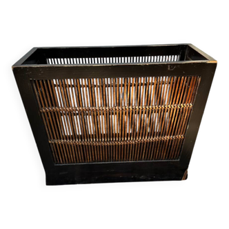 Vintage wooden and woven rattan magazine rack