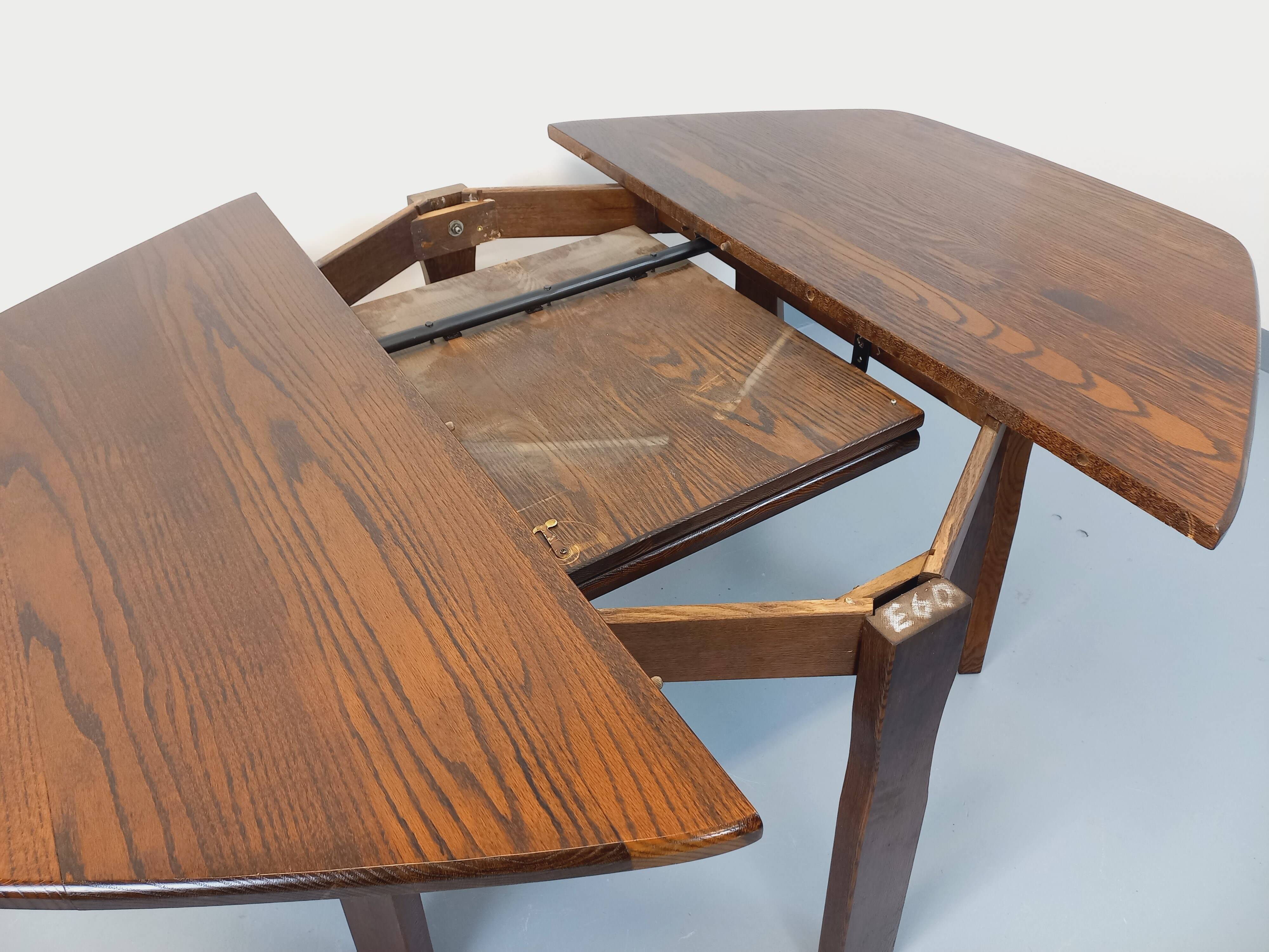 Vintage brutalist hexagonal dining table made of oak from the 1950s.