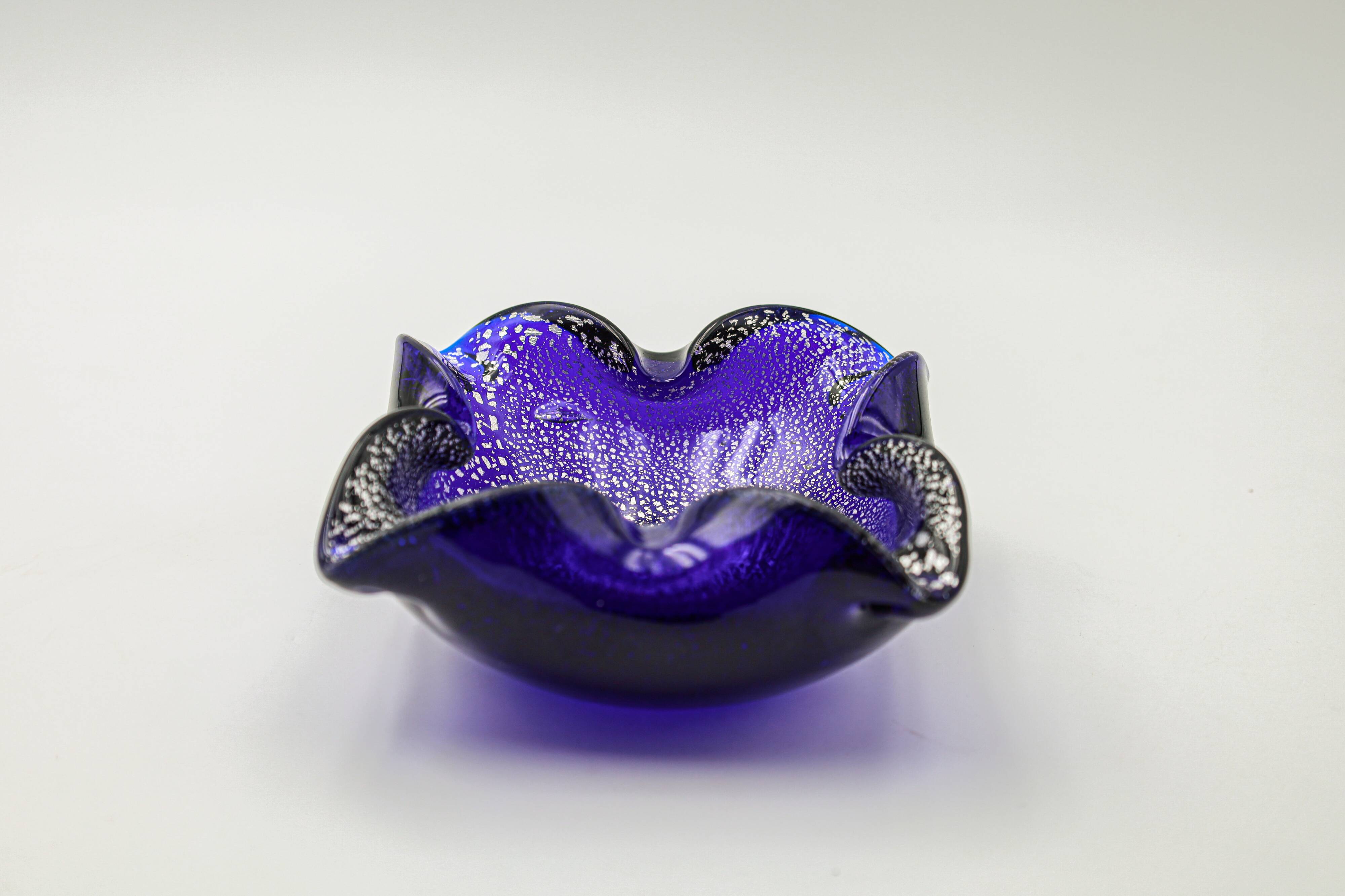 Murano ashtray blue glass silver inclusions