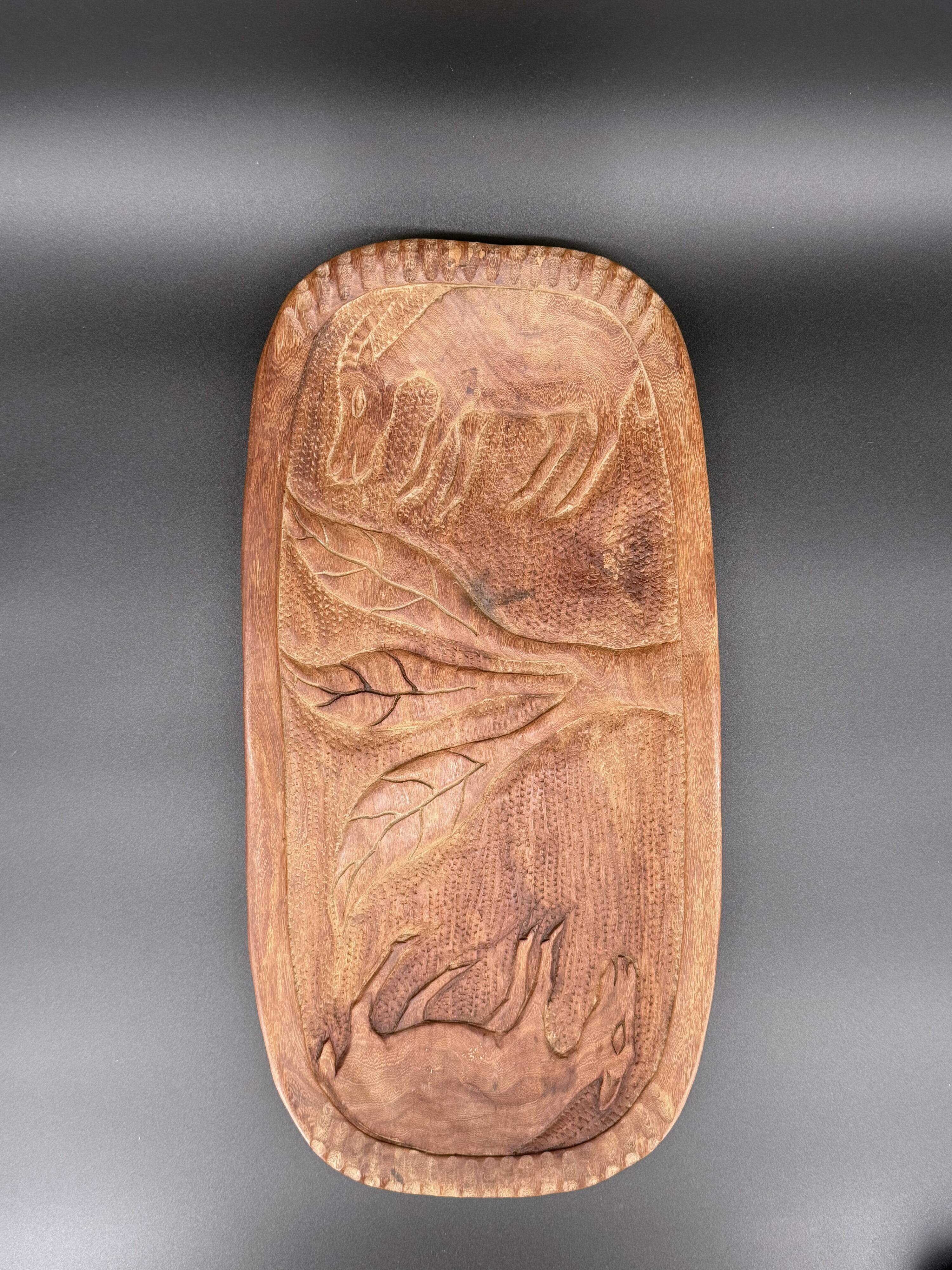 Large carved wall shelf – Stylized goat and billy goat in exotic wood