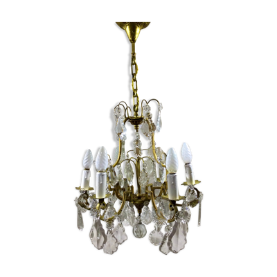 Lustre cage 6 lumières en bronze et cristal