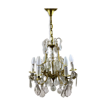 Lustre cage 6 lumières en bronze et cristal