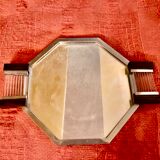 Modernist Art Deco mirror top in nickel-plated metal and handles translucent glass and ebony tube handles