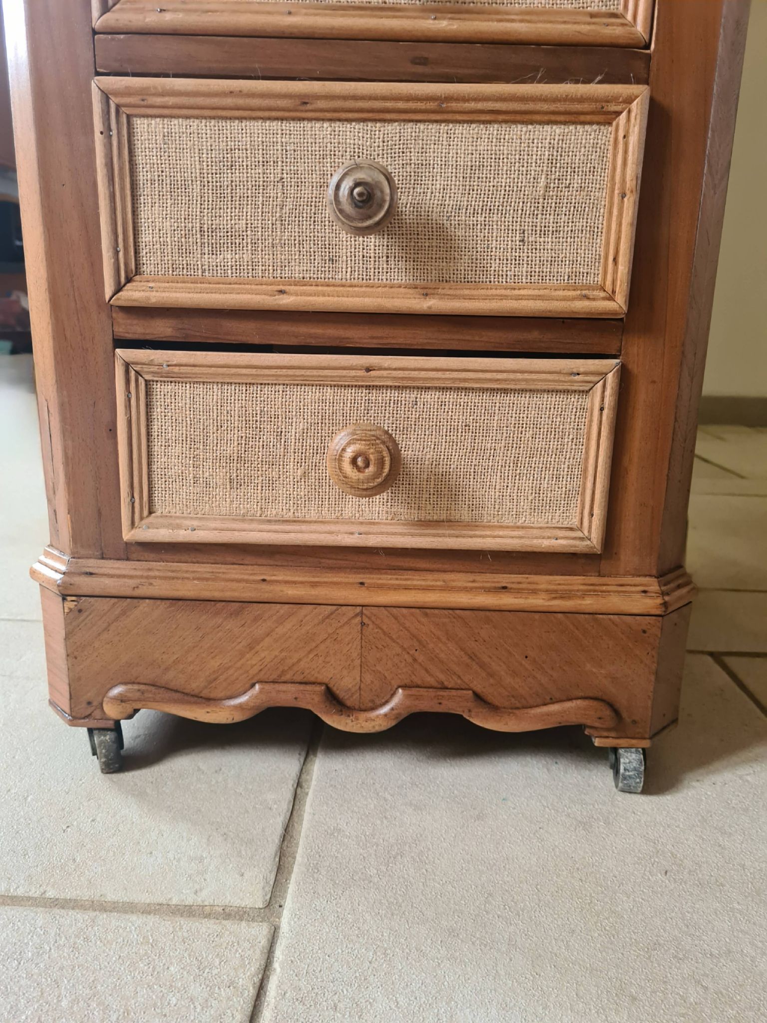 Nightstand in walnut and jute fabric, 1900