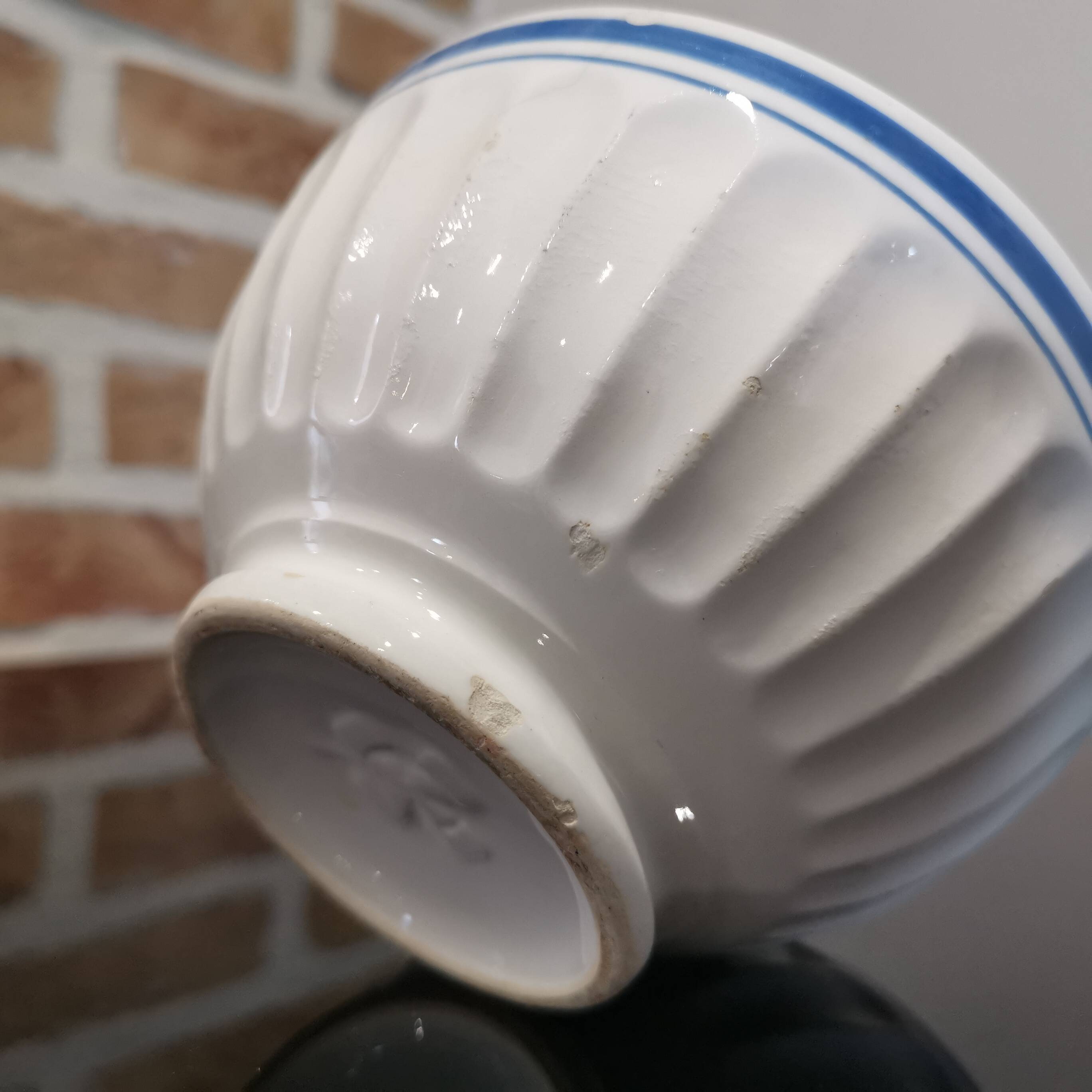 Old white bowl with blue edging Stamped Trèfle 50'S