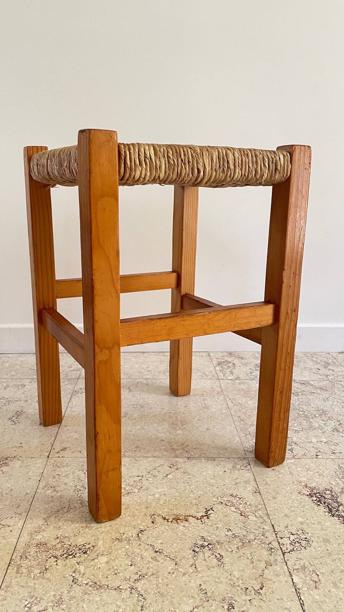Pair of vintage wooden and straw stools